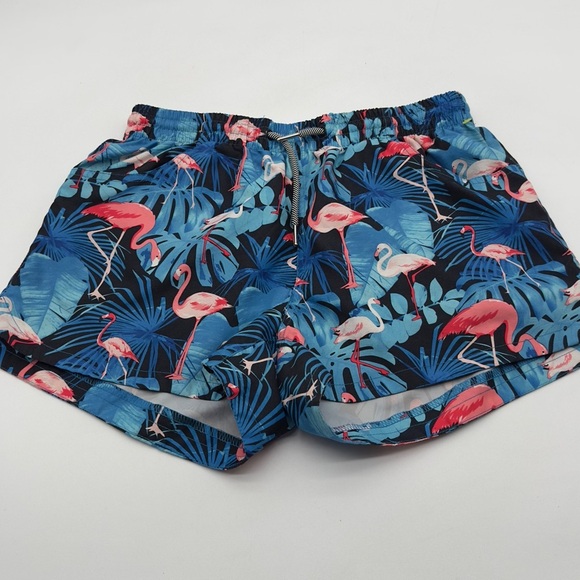 Ladies ~ Hot Coals ~ Tropical Blue Leaf Pink Flamingos Print ~ Swim Shorts ~ M - Picture 1 of 7